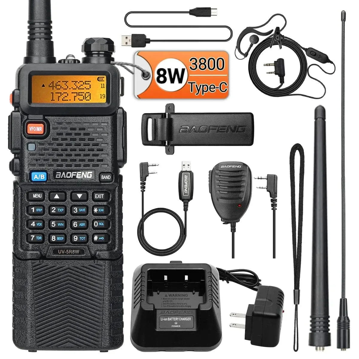 Baofeng UV-5R 8W 3800mAh Walkie Talkie Tri Power Type-C VHF UHF Dual Band Long Range For UV5R K5 Portable Ham CB Two Way Radio