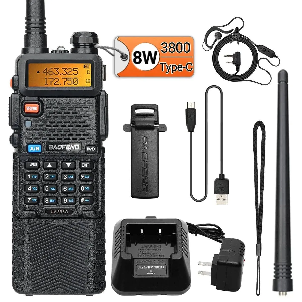 Baofeng UV-5R 8W 3800mAh Walkie Talkie Tri Power Type-C VHF UHF Dual Band Long Range For UV5R K5 Portable Ham CB Two Way Radio