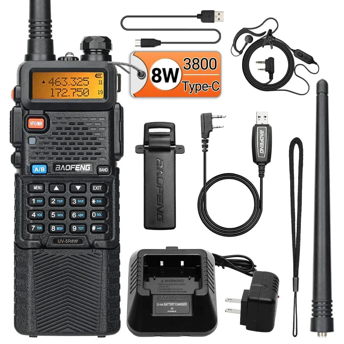 Baofeng UV-5R 8W 3800mAh Walkie Talkie Tri Power Type-C VHF UHF Dual Band Long Range For UV5R K5 Portable Ham CB Two Way Radio