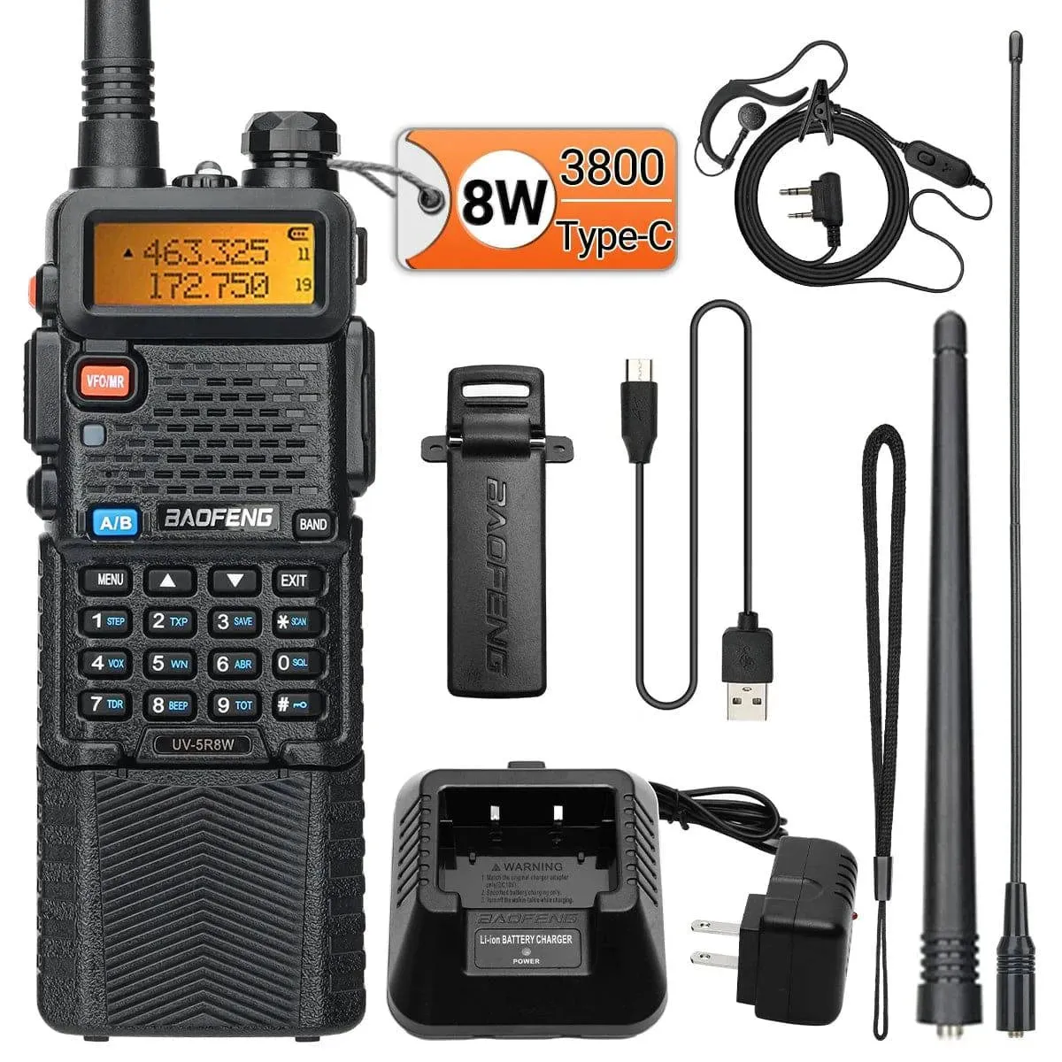 Baofeng UV-5R 8W 3800mAh Walkie Talkie Tri Power Type-C VHF UHF Dual Band Long Range For UV5R K5 Portable Ham CB Two Way Radio