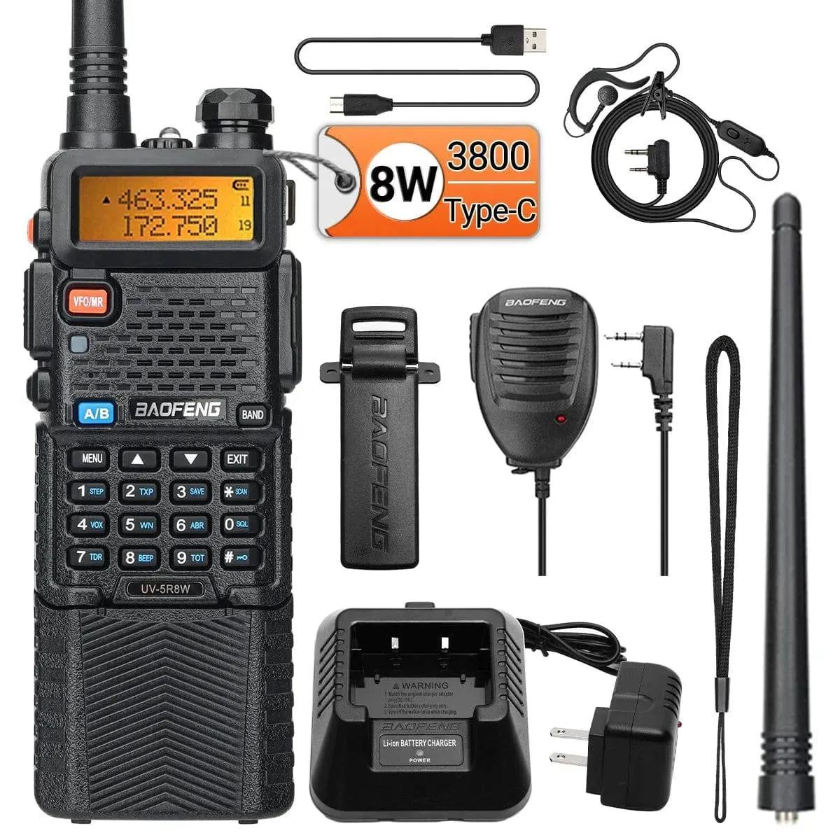 Baofeng UV-5R 8W 3800mAh Walkie Talkie Tri Power Type-C VHF UHF Dual Band Long Range For UV5R K5 Portable Ham CB Two Way Radio