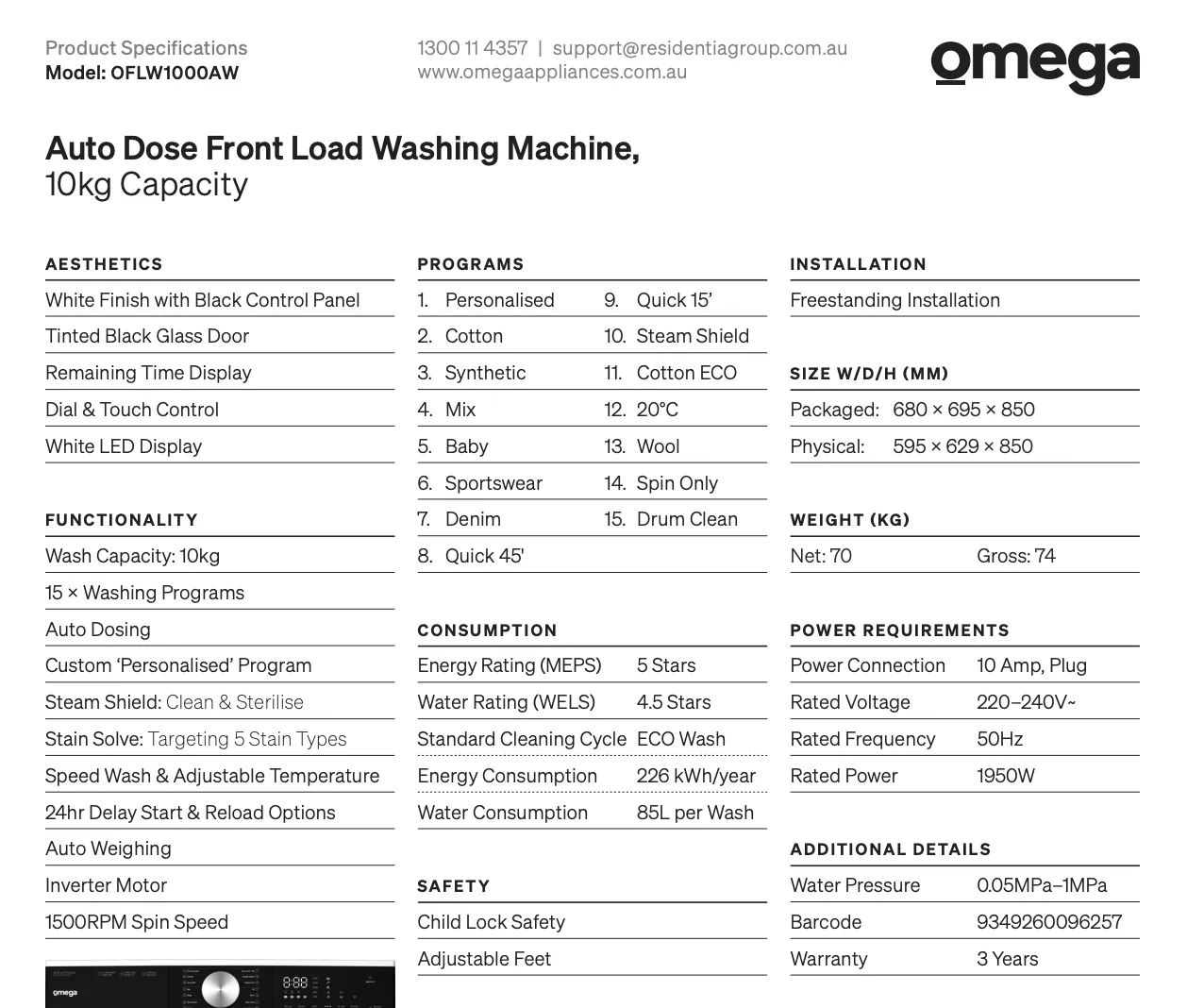 Omega OFLW1000AW 10kg Auto Dose Front Load Washing Machine - Special Order
