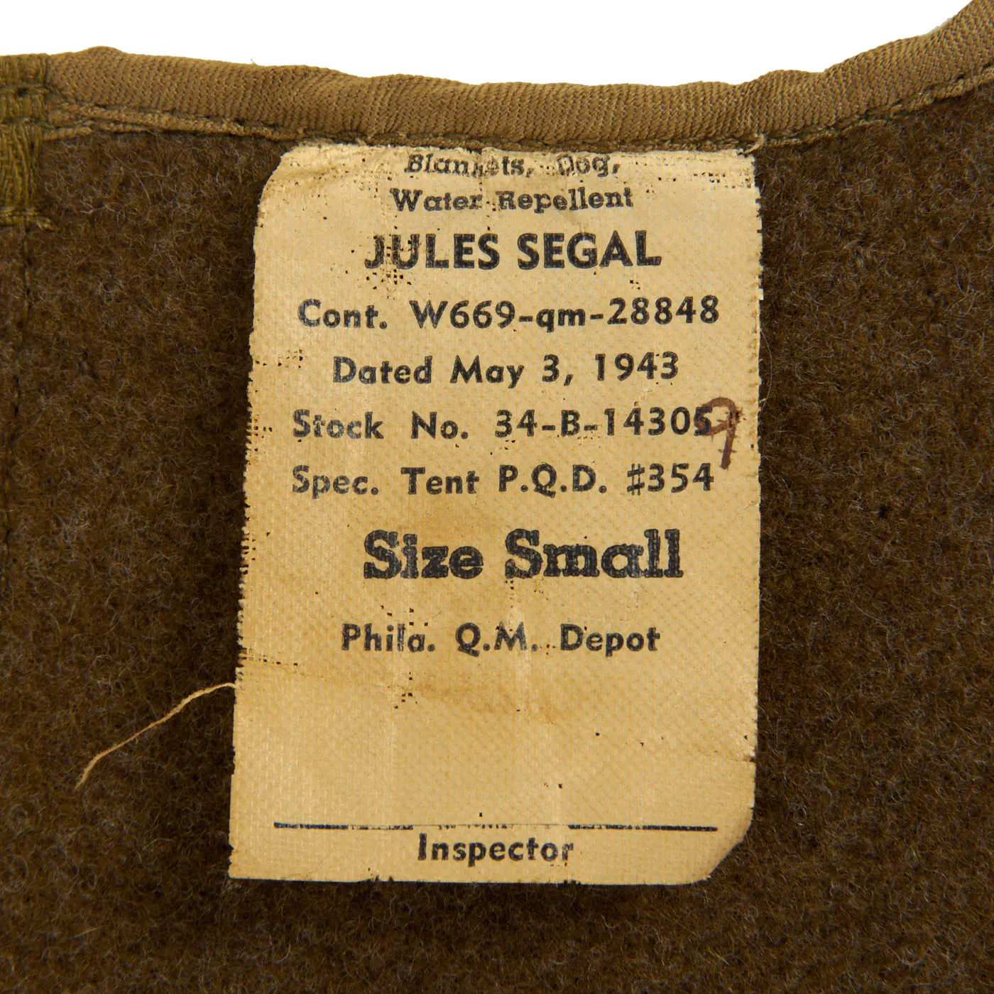 Original U.S. WWII Unissued Military Working Dog Inclement Weather Blanket by Jules Segal - Size Small